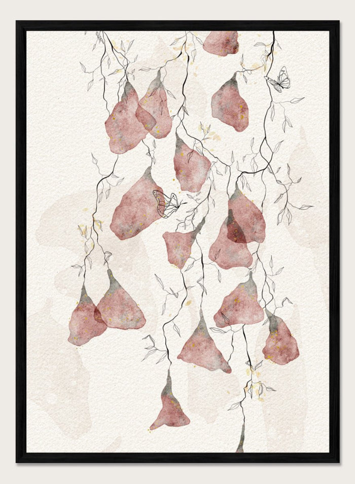 Artistic depiction of pink flowers and branches on a light background. Butterfly Kisses by Ankie Kooi features hanging watercolor flowers, delicate branches, and butterflies in soft neutral tones. Minimal botanical art print inspired by nature.