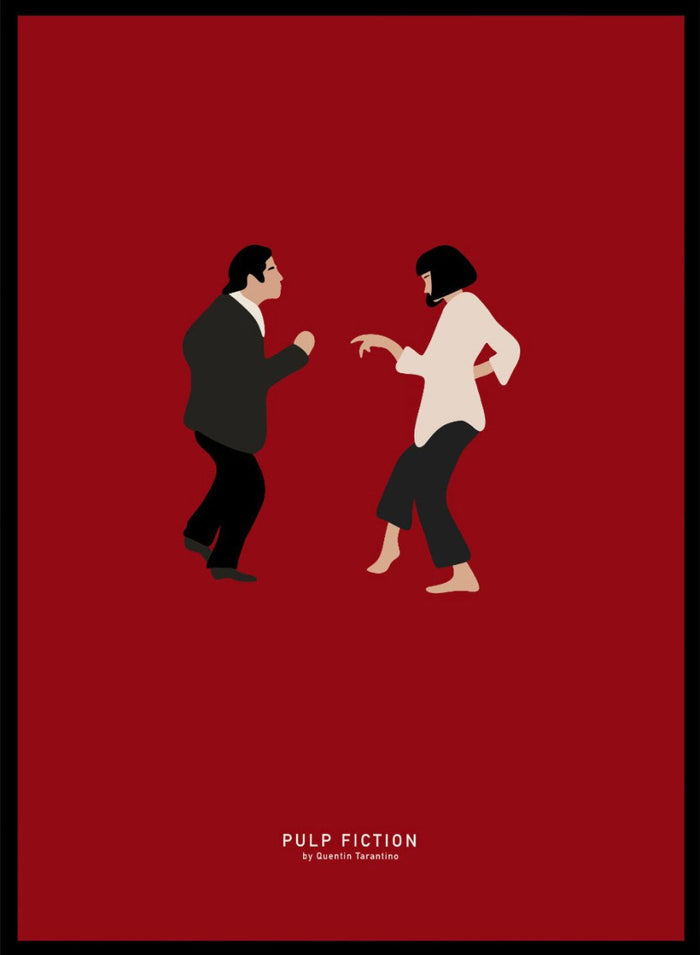 Minimalist illustration of two characters facing each other on a red background with 'Pulp Fiction' text. Minimalist dance illustration of two figures on a red background by Anne-Marie Volfova. Officially licensed modern art print with optional framing.