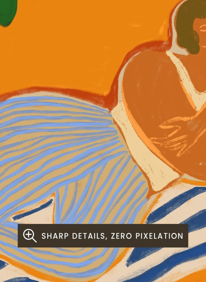 Framed artwork of a woman lounging on a towel with a plate of fruit against an orange background. A Day at the Beach by Arty Guava is a colorful coastal art print featuring a relaxed beach scene, tropical foliage, bold color, and contemporary illustration.