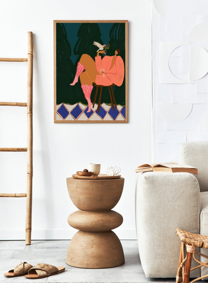 Illustration of a person in a pink dress sitting on a stool with a glass of wine, holding a dove with an olive branch. A Lil Birdy Told Me by Arty Guava is a modern woman art print with a bird, pink robe, and bold color. Officially licensed wall poster.