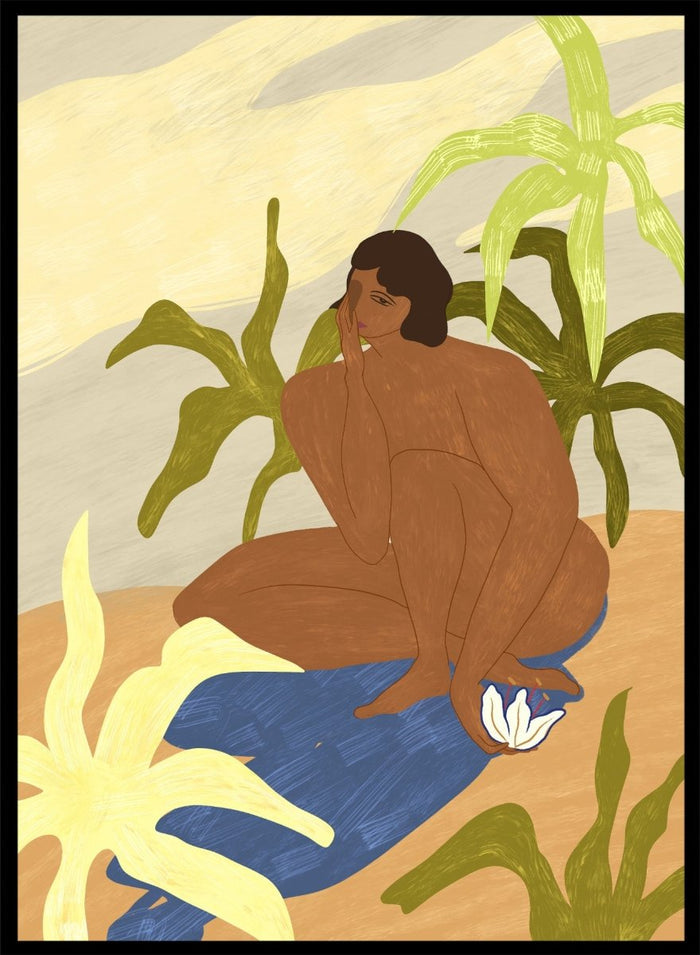An art print featuring a stylized illustration of a seated figure with dark hair, surrounded by green tropical leaves, a blue cloth, and a white flower, set against a sandy beige and cream background. Au Naturel by Arty Guava premium framed fine art print featuring a seated woman surrounded by oversized tropical plants in warm earthy tones.