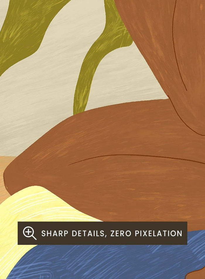 An art print featuring a stylized illustration of a seated figure with dark hair, surrounded by green tropical leaves, a blue cloth, and a white flower, set against a sandy beige and cream background. Au Naturel by Arty Guava premium framed fine art print featuring a seated woman surrounded by oversized tropical plants in warm earthy tones.