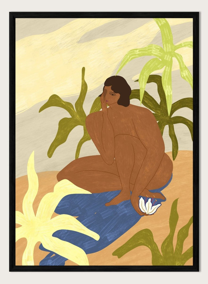 An art print featuring a stylized illustration of a seated figure with dark hair, surrounded by green tropical leaves, a blue cloth, and a white flower, set against a sandy beige and cream background. Au Naturel by Arty Guava premium framed fine art print featuring a seated woman surrounded by oversized tropical plants in warm earthy tones.