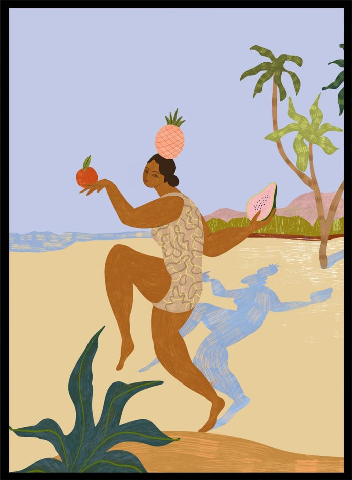 Illustration of a person holding fruits with a stylized landscape in the background. Balancing Act by Arty Guava is a colorful figurative art print featuring tropical motifs, playful symbolism, vibrant colors, and whimsical contemporary storytelling.
