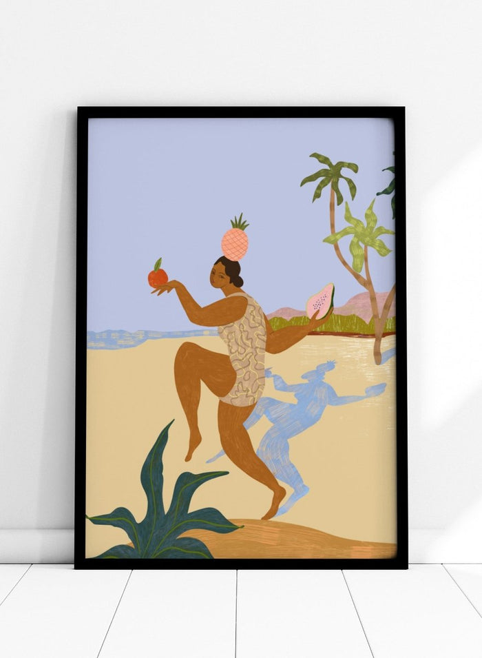 Illustration of a person holding fruits with a stylized landscape in the background. Balancing Act by Arty Guava is a colorful figurative art print featuring tropical motifs, playful symbolism, vibrant colors, and whimsical contemporary storytelling.