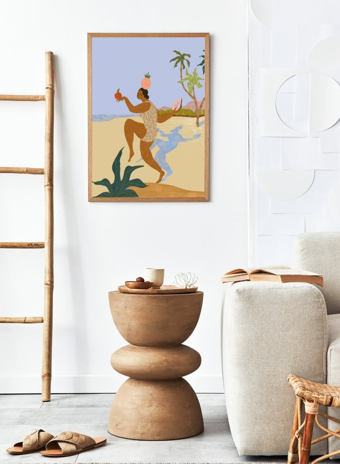 Illustration of a person holding fruits with a stylized landscape in the background. Balancing Act by Arty Guava is a colorful figurative art print featuring tropical motifs, playful symbolism, vibrant colors, and whimsical contemporary storytelling.