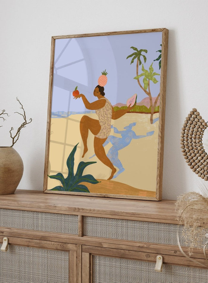 Illustration of a person holding fruits with a stylized landscape in the background. Balancing Act by Arty Guava is a colorful figurative art print featuring tropical motifs, playful symbolism, vibrant colors, and whimsical contemporary storytelling.