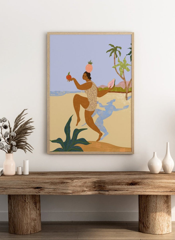 Illustration of a person holding fruits with a stylized landscape in the background. Balancing Act by Arty Guava is a colorful figurative art print featuring tropical motifs, playful symbolism, vibrant colors, and whimsical contemporary storytelling.