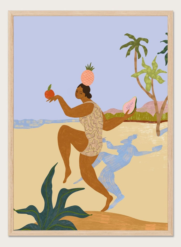 Illustration of a person holding fruits with a stylized landscape in the background. Balancing Act by Arty Guava is a colorful figurative art print featuring tropical motifs, playful symbolism, vibrant colors, and whimsical contemporary storytelling.