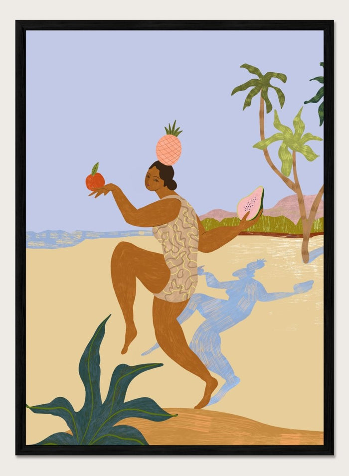 Illustration of a person holding fruits with a stylized landscape in the background. Balancing Act by Arty Guava is a colorful figurative art print featuring tropical motifs, playful symbolism, vibrant colors, and whimsical contemporary storytelling.