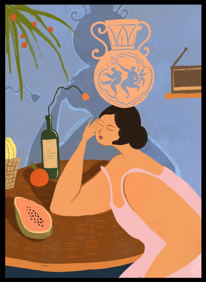 Illustration of a woman sitting at a table with a bottle, fruit, and decorative vase in a room. Bestill by Arty Guava is a colorful figurative art print featuring whimsical storytelling, playful symbolism, everyday objects, and contemporary wall art.