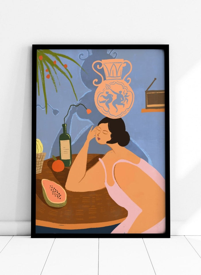 Illustration of a woman sitting at a table with a bottle, fruit, and decorative vase in a room. Bestill by Arty Guava is a colorful figurative art print featuring whimsical storytelling, playful symbolism, everyday objects, and contemporary wall art.