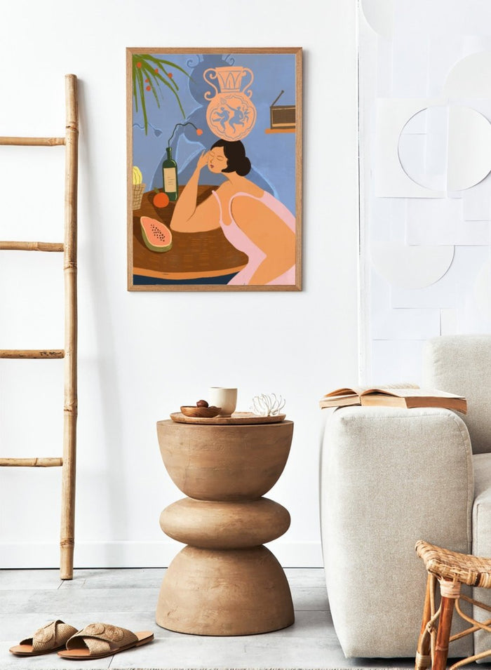 Illustration of a woman sitting at a table with a bottle, fruit, and decorative vase in a room. Bestill by Arty Guava is a colorful figurative art print featuring whimsical storytelling, playful symbolism, everyday objects, and contemporary wall art.