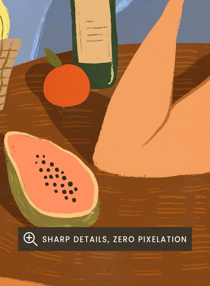 Illustration of a woman sitting at a table with a bottle, fruit, and decorative vase in a room. Bestill by Arty Guava is a colorful figurative art print featuring whimsical storytelling, playful symbolism, everyday objects, and contemporary wall art.