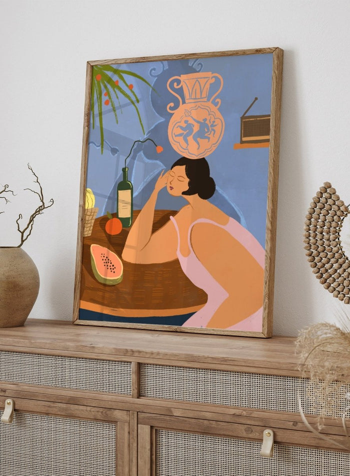 Illustration of a woman sitting at a table with a bottle, fruit, and decorative vase in a room. Bestill by Arty Guava is a colorful figurative art print featuring whimsical storytelling, playful symbolism, everyday objects, and contemporary wall art.