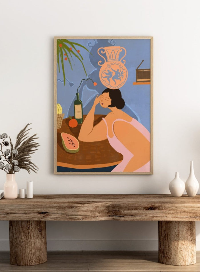 Illustration of a woman sitting at a table with a bottle, fruit, and decorative vase in a room. Bestill by Arty Guava is a colorful figurative art print featuring whimsical storytelling, playful symbolism, everyday objects, and contemporary wall art.