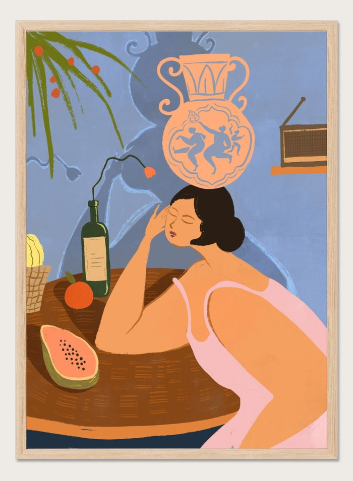 Illustration of a woman sitting at a table with a bottle, fruit, and decorative vase in a room. Bestill by Arty Guava is a colorful figurative art print featuring whimsical storytelling, playful symbolism, everyday objects, and contemporary wall art.