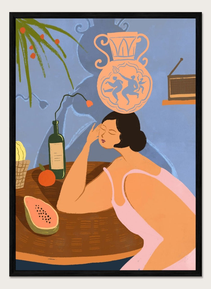 Illustration of a woman sitting at a table with a bottle, fruit, and decorative vase in a room. Bestill by Arty Guava is a colorful figurative art print featuring whimsical storytelling, playful symbolism, everyday objects, and contemporary wall art.