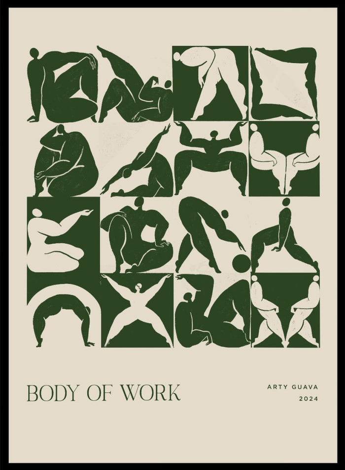 Artistic depiction of various poses with 'Body of Work' and 'Arty Guava 2024' text. Body of Work (Forest) by Arty Guava is a modern figure art print with green silhouettes in motion. Officially licensed wall poster with framing.