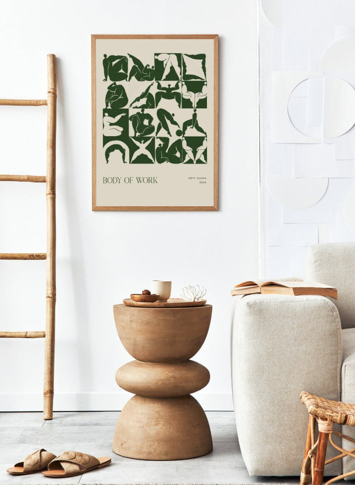Artistic depiction of various poses with 'Body of Work' and 'Arty Guava 2024' text. Body of Work (Forest) by Arty Guava is a modern figure art print with green silhouettes in motion. Officially licensed wall poster with framing.