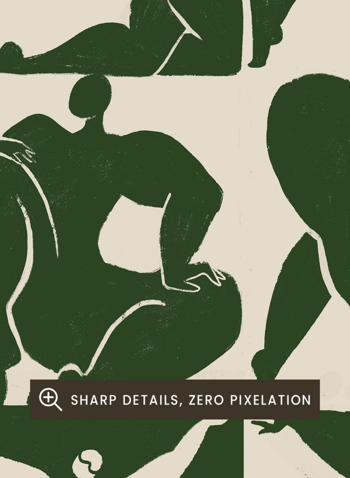 Artistic depiction of various poses with 'Body of Work' and 'Arty Guava 2024' text. Body of Work (Forest) by Arty Guava is a modern figure art print with green silhouettes in motion. Officially licensed wall poster with framing.