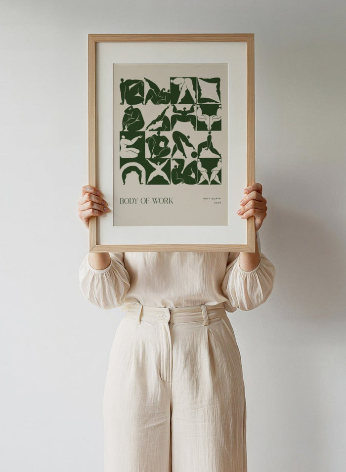 Artistic depiction of various poses with 'Body of Work' and 'Arty Guava 2024' text. Body of Work (Forest) by Arty Guava is a modern figure art print with green silhouettes in motion. Officially licensed wall poster with framing.