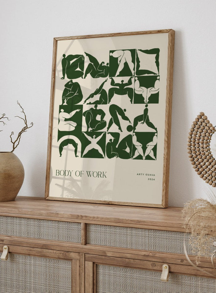 Artistic depiction of various poses with 'Body of Work' and 'Arty Guava 2024' text. Body of Work (Forest) by Arty Guava is a modern figure art print with green silhouettes in motion. Officially licensed wall poster with framing.