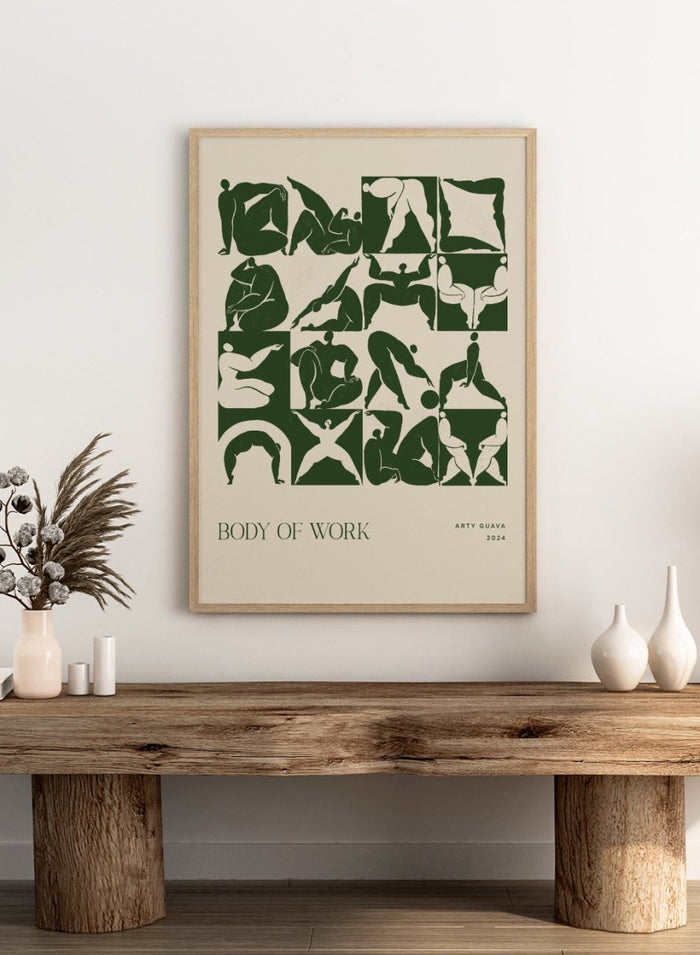 Artistic depiction of various poses with 'Body of Work' and 'Arty Guava 2024' text. Body of Work (Forest) by Arty Guava is a modern figure art print with green silhouettes in motion. Officially licensed wall poster with framing.