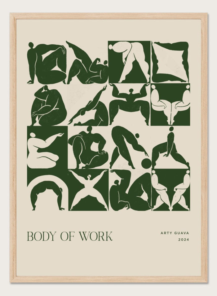 Artistic depiction of various poses with 'Body of Work' and 'Arty Guava 2024' text. Body of Work (Forest) by Arty Guava is a modern figure art print with green silhouettes in motion. Officially licensed wall poster with framing.
