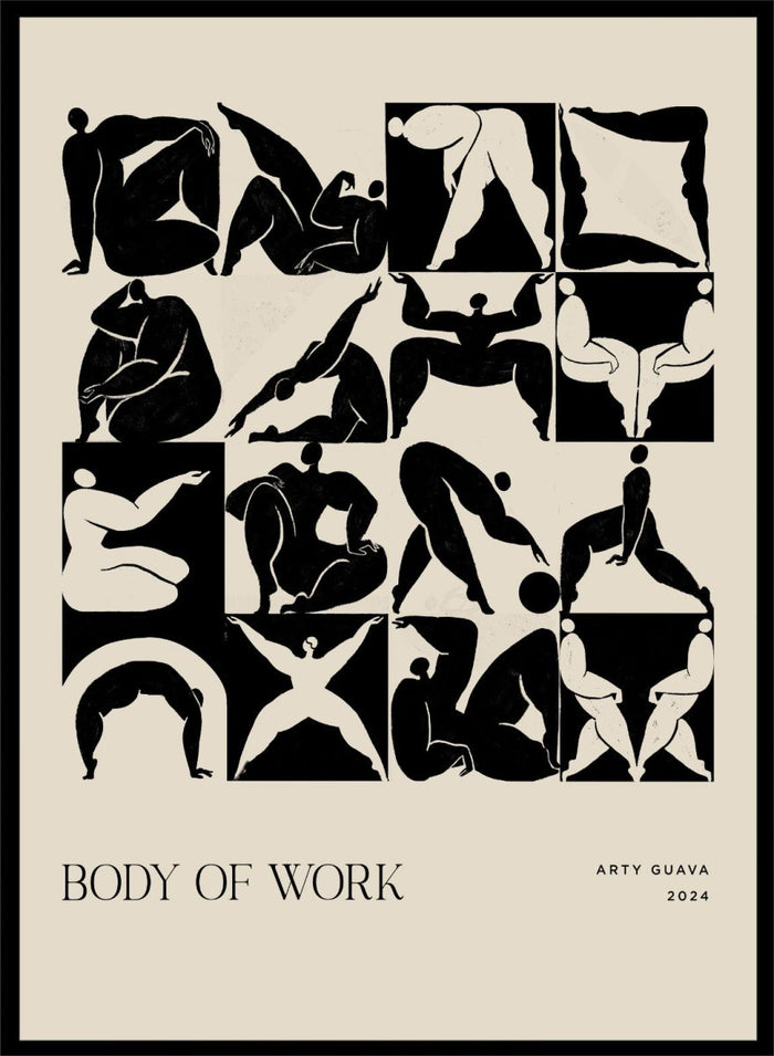 Artistic poster with black silhouettes of people on a beige background, featuring the text 'Body of Work' and 'Arty Guava 2024'. Body of Work (Forest) by Arty Guava is a modern figure art print with green silhouettes in motion. Officially licensed wall poster with framing.