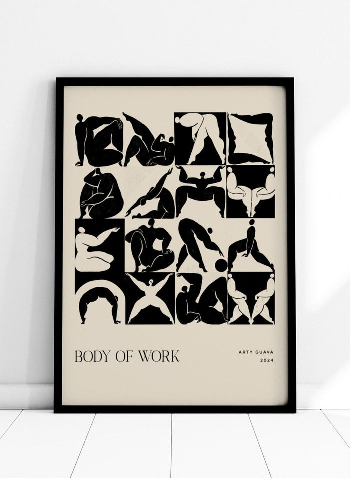 Artistic poster with black silhouettes of people on a beige background, featuring the text 'Body of Work' and 'Arty Guava 2024'. Body of Work (Forest) by Arty Guava is a modern figure art print with green silhouettes in motion. Officially licensed wall poster with framing.