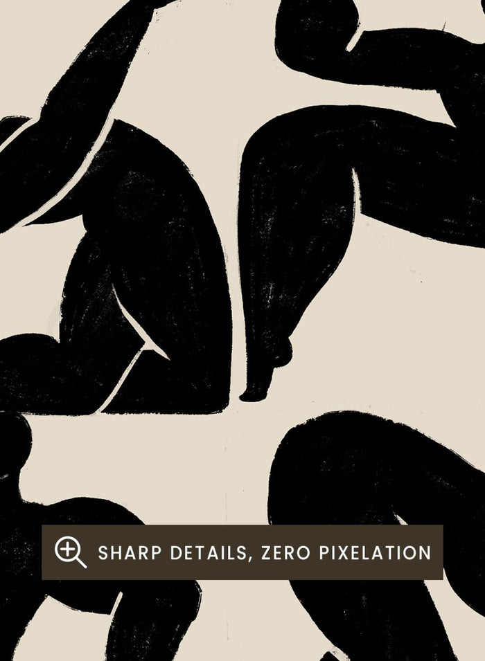 Artistic poster with black silhouettes of people on a beige background, featuring the text 'Body of Work' and 'Arty Guava 2024'. Body of Work (Forest) by Arty Guava is a modern figure art print with green silhouettes in motion. Officially licensed wall poster with framing.