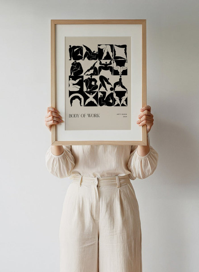 Artistic poster with black silhouettes of people on a beige background, featuring the text 'Body of Work' and 'Arty Guava 2024'. Body of Work (Forest) by Arty Guava is a modern figure art print with green silhouettes in motion. Officially licensed wall poster with framing.