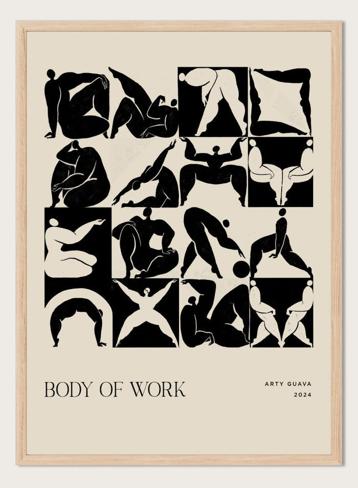 Artistic poster with black silhouettes of people on a beige background, featuring the text 'Body of Work' and 'Arty Guava 2024'. Body of Work (Forest) by Arty Guava is a modern figure art print with green silhouettes in motion. Officially licensed wall poster with framing.