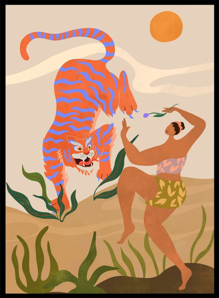 Illustration of a tiger and a person in a natural setting with plants and a sun. Dance with Me by Arty Guava is a colorful contemporary art print featuring a dancing woman, playful tiger, tropical motifs, and whimsical modern illustration.
