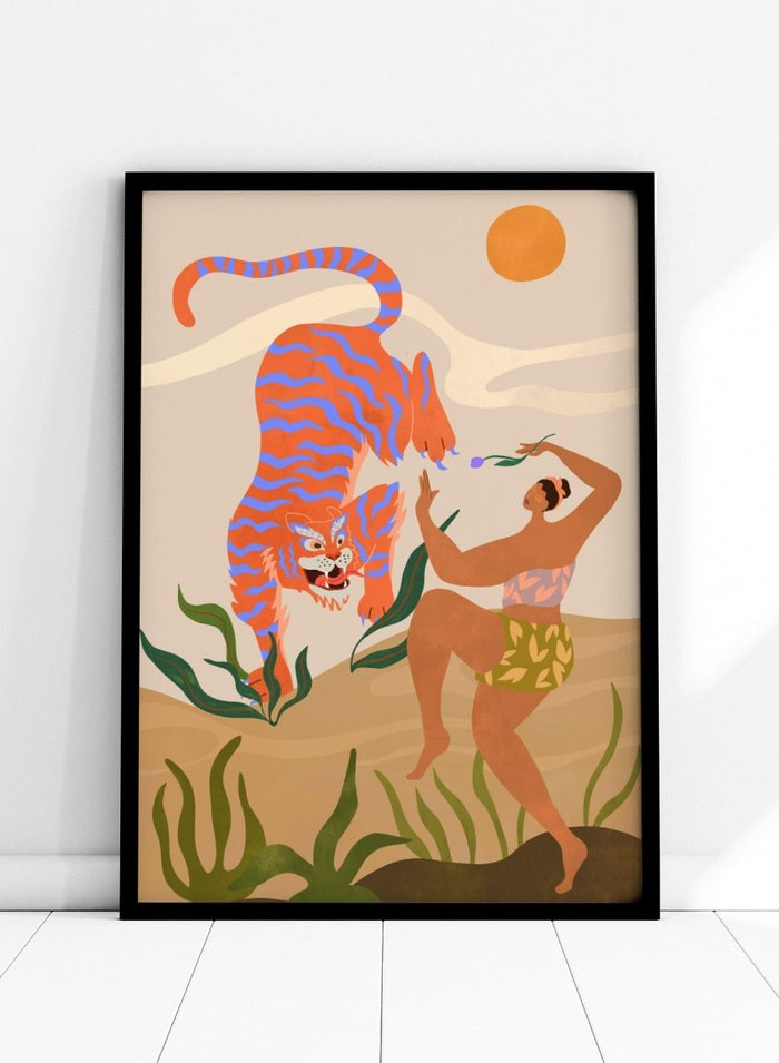 Illustration of a tiger and a person in a natural setting with plants and a sun. Dance with Me by Arty Guava is a colorful contemporary art print featuring a dancing woman, playful tiger, tropical motifs, and whimsical modern illustration.