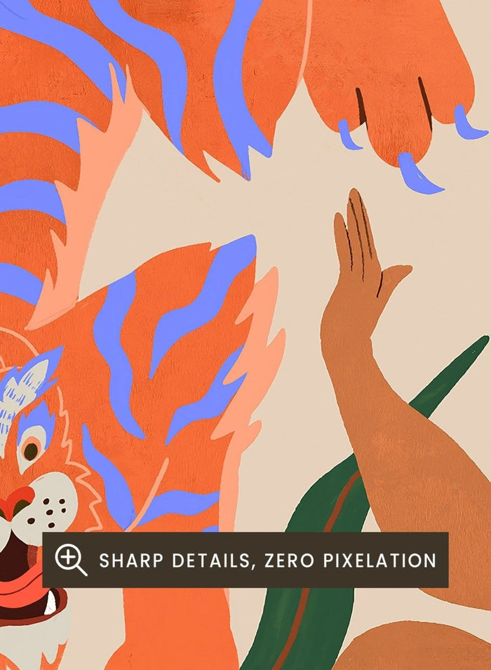 Illustration of a tiger and a person in a natural setting with plants and a sun. Dance with Me by Arty Guava is a colorful contemporary art print featuring a dancing woman, playful tiger, tropical motifs, and whimsical modern illustration.