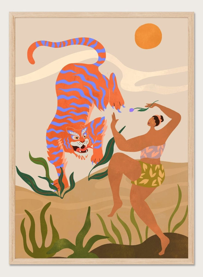 Illustration of a tiger and a person in a natural setting with plants and a sun. Dance with Me by Arty Guava is a colorful contemporary art print featuring a dancing woman, playful tiger, tropical motifs, and whimsical modern illustration.