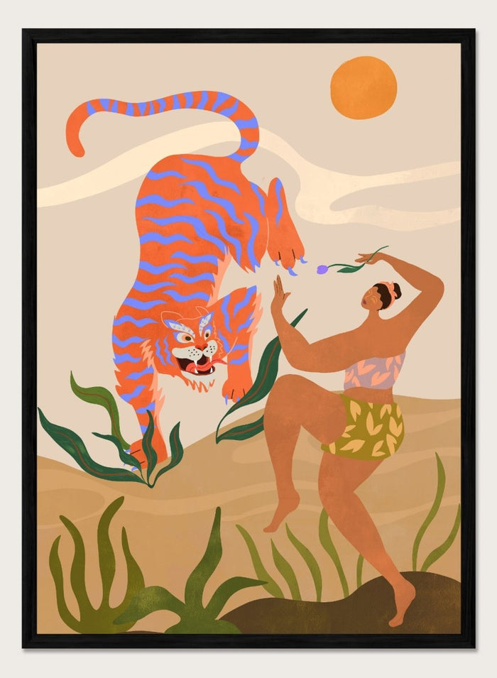 Illustration of a tiger and a person in a natural setting with plants and a sun. Dance with Me by Arty Guava is a colorful contemporary art print featuring a dancing woman, playful tiger, tropical motifs, and whimsical modern illustration.
