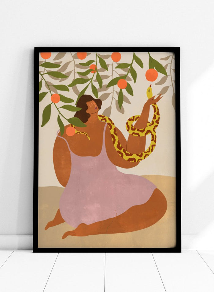 Illustration of a woman holding a snake with oranges and leaves in the background. Eden’s Embrace by Arty Guava art print featuring woman with snake under orange tree branches, tropical nature illustration, and vibrant contemporary wall art poster.