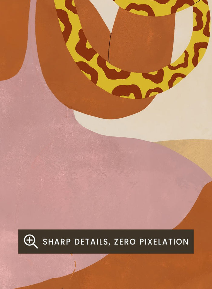 Illustration of a woman holding a snake with oranges and leaves in the background. Eden’s Embrace by Arty Guava art print featuring woman with snake under orange tree branches, tropical nature illustration, and vibrant contemporary wall art poster.
