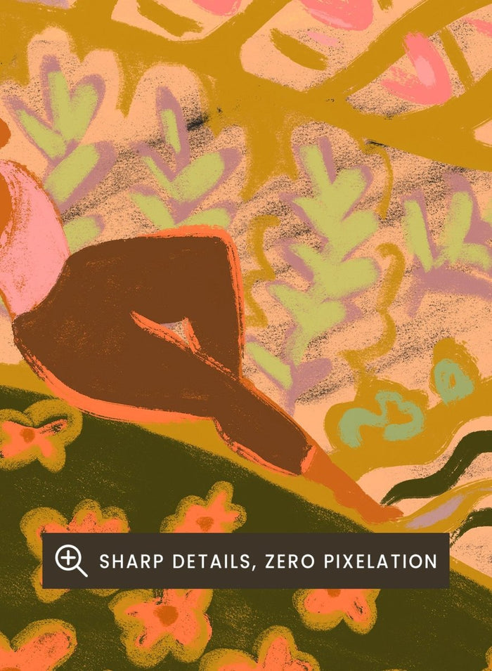 Illustration of a person sitting on a hill with a mountain and sunset in the background. Field Of Flowers by Arty Guava is a colorful landscape art print featuring blooming fields, rolling hills, nature-inspired illustration, and contemporary wall art.