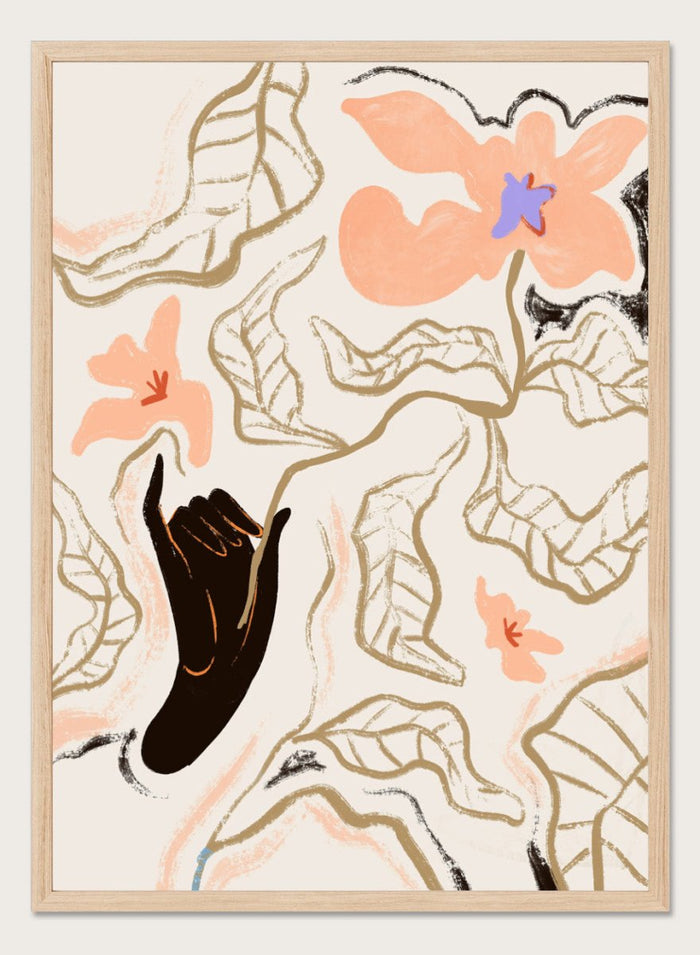 Abstract artwork with a black hand reaching towards flowers on a light background. Fleur by Arty Guava is a modern floral art print with soft abstract flowers and hand-drawn linework. Officially licensed wall poster with framing.