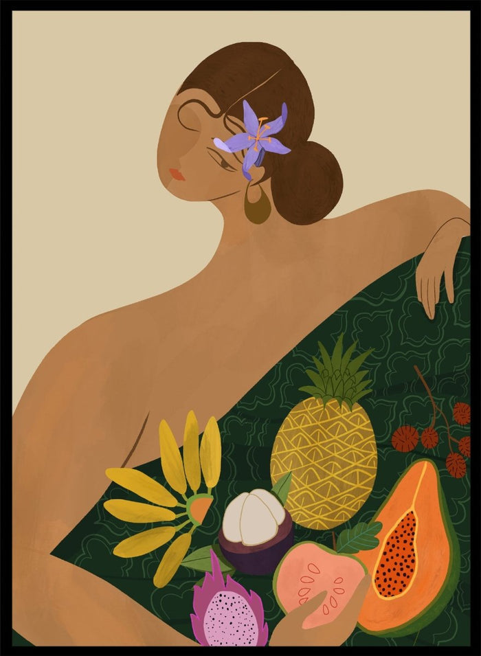 Illustration of a woman with a green wrap featuring tropical fruits on a beige background. Fruit Seller by Arty Guava is a colorful tropical art print featuring exotic fruit, expressive female figures, bold color, and contemporary illustration.