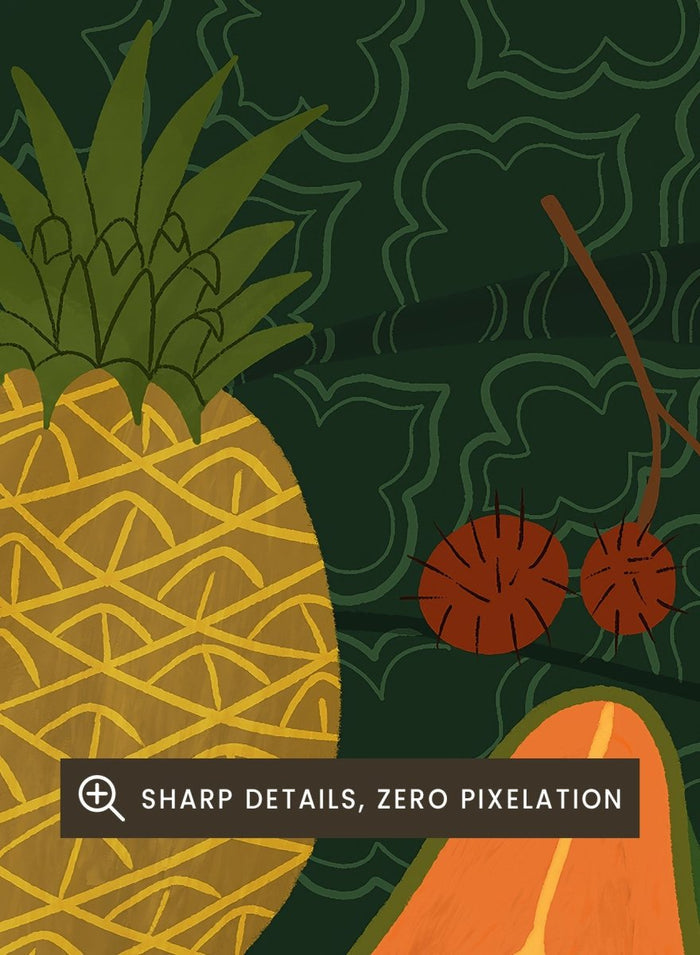 Illustration of a woman with a green wrap featuring tropical fruits on a beige background. Fruit Seller by Arty Guava is a colorful tropical art print featuring exotic fruit, expressive female figures, bold color, and contemporary illustration.