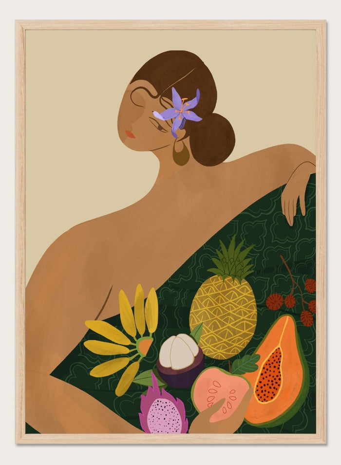 Illustration of a woman with a green wrap featuring tropical fruits on a beige background. Fruit Seller by Arty Guava is a colorful tropical art print featuring exotic fruit, expressive female figures, bold color, and contemporary illustration.