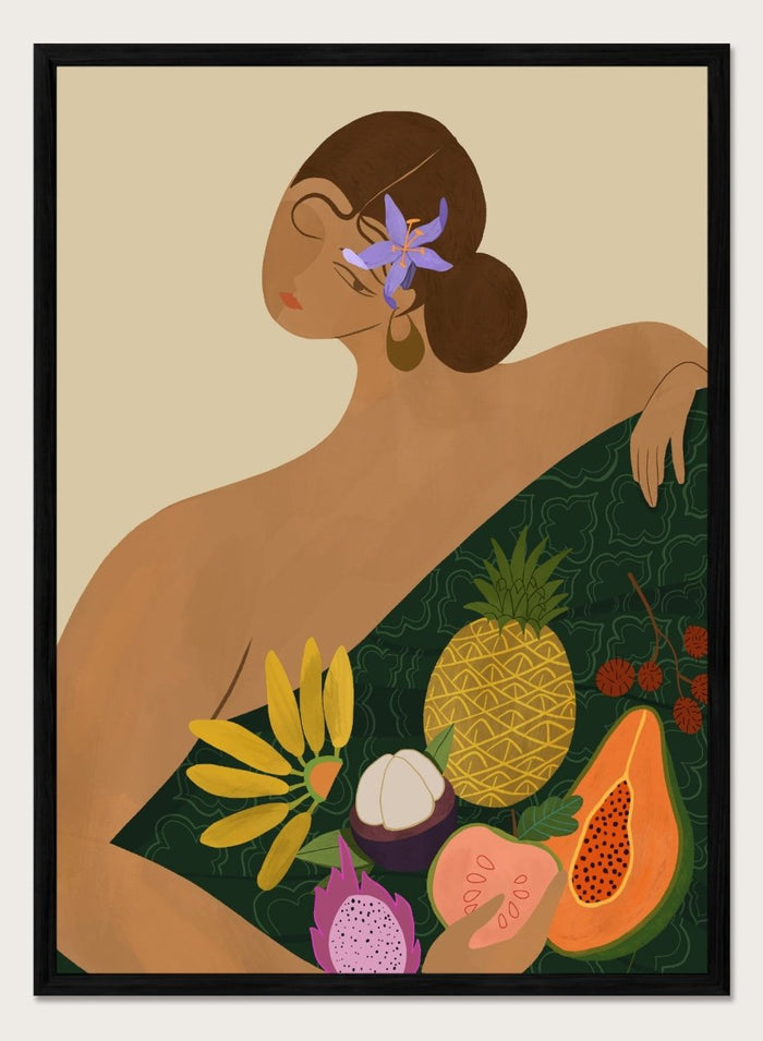 Illustration of a woman with a green wrap featuring tropical fruits on a beige background. Fruit Seller by Arty Guava is a colorful tropical art print featuring exotic fruit, expressive female figures, bold color, and contemporary illustration.