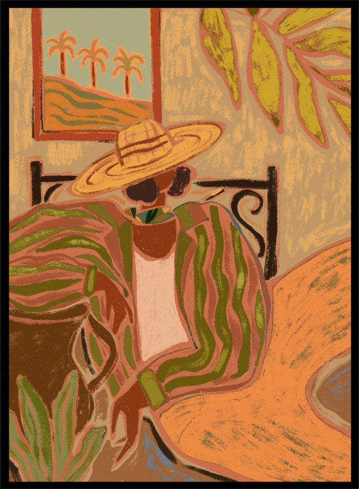 Artistic depiction of a person wearing a straw hat and patterned dress in a tropical setting. Lady in Stripe by Arty Guava art print featuring woman in straw hat and striped shirt with tropical palm landscape and warm contemporary illustration wall art poster.