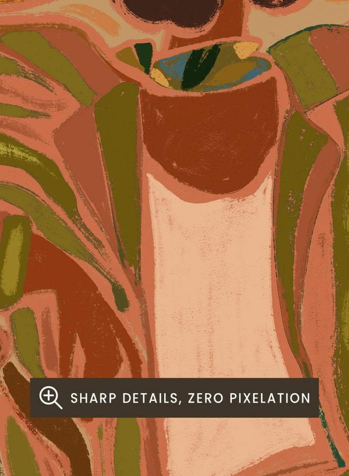 Artistic depiction of a person wearing a straw hat and patterned dress in a tropical setting. Lady in Stripe by Arty Guava art print featuring woman in straw hat and striped shirt with tropical palm landscape and warm contemporary illustration wall art poster.