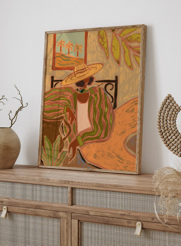 Artistic depiction of a person wearing a straw hat and patterned dress in a tropical setting. Lady in Stripe by Arty Guava art print featuring woman in straw hat and striped shirt with tropical palm landscape and warm contemporary illustration wall art poster.